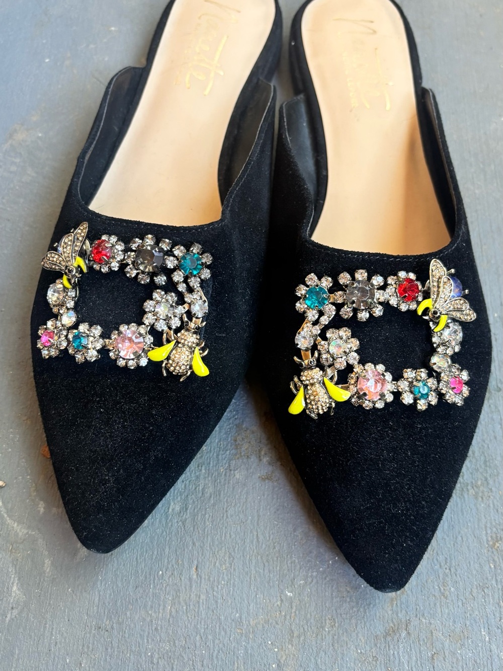 Nanette Lepore Black Pointed Toe Embellished Slip-On Flats with Multicolor Gems